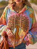 Women's Retro Hippie Floral And Tree Of Life Embroidered Gradient Hoodie