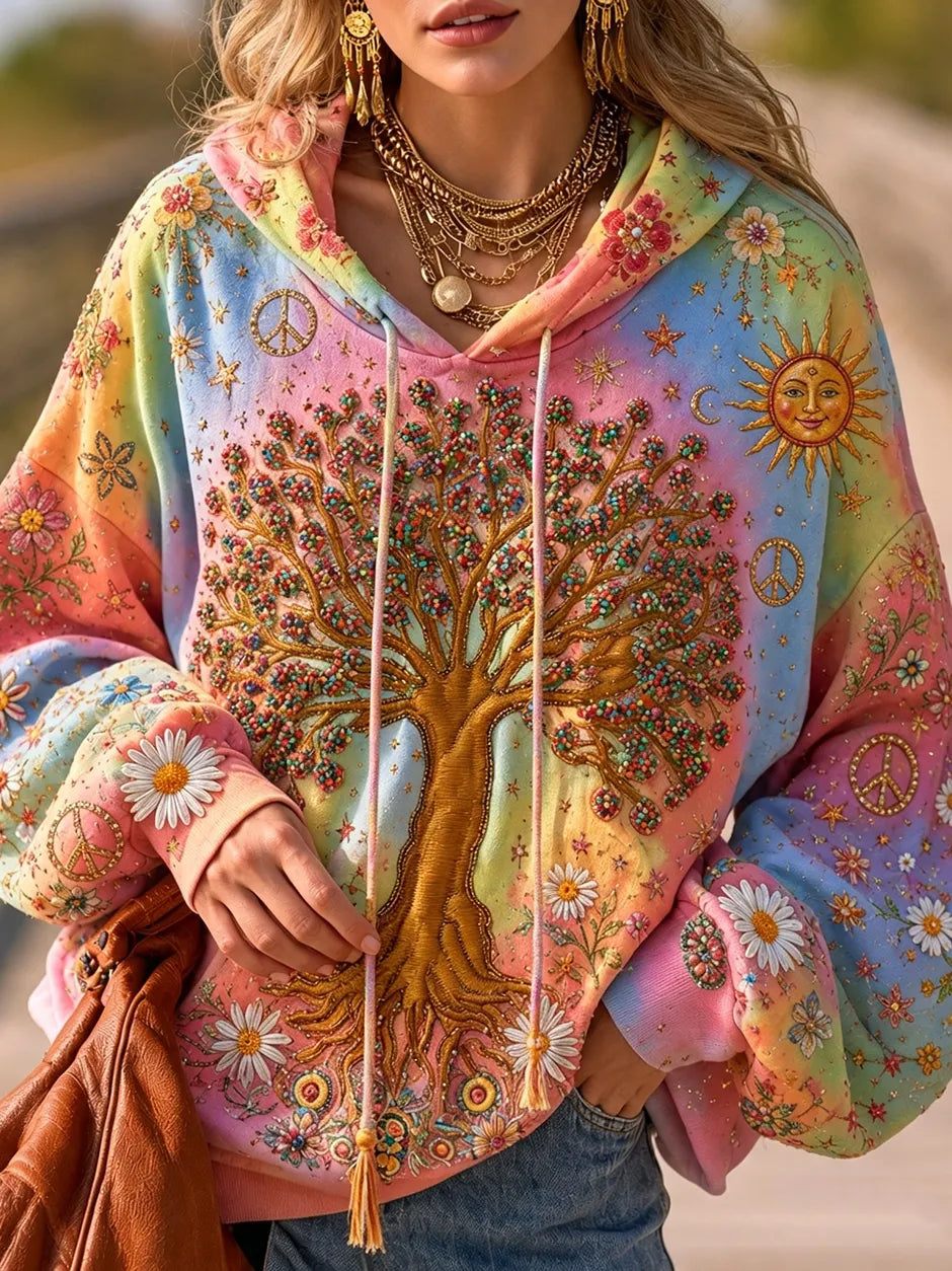 Women's Retro Hippie Floral And Tree Of Life Embroidered Gradient Hoodie