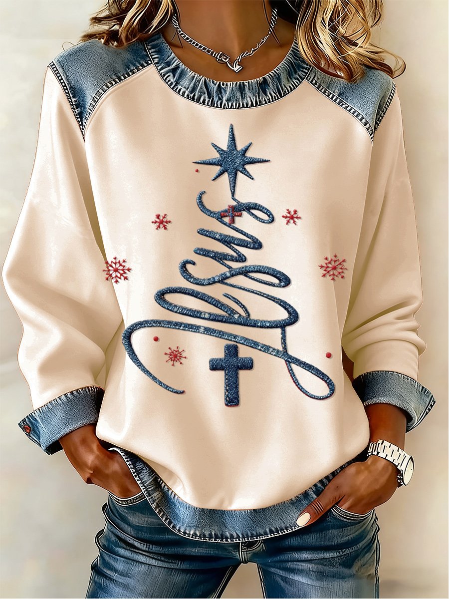 Women's Casual Retro Faith Christmas Tree Sweatshirt