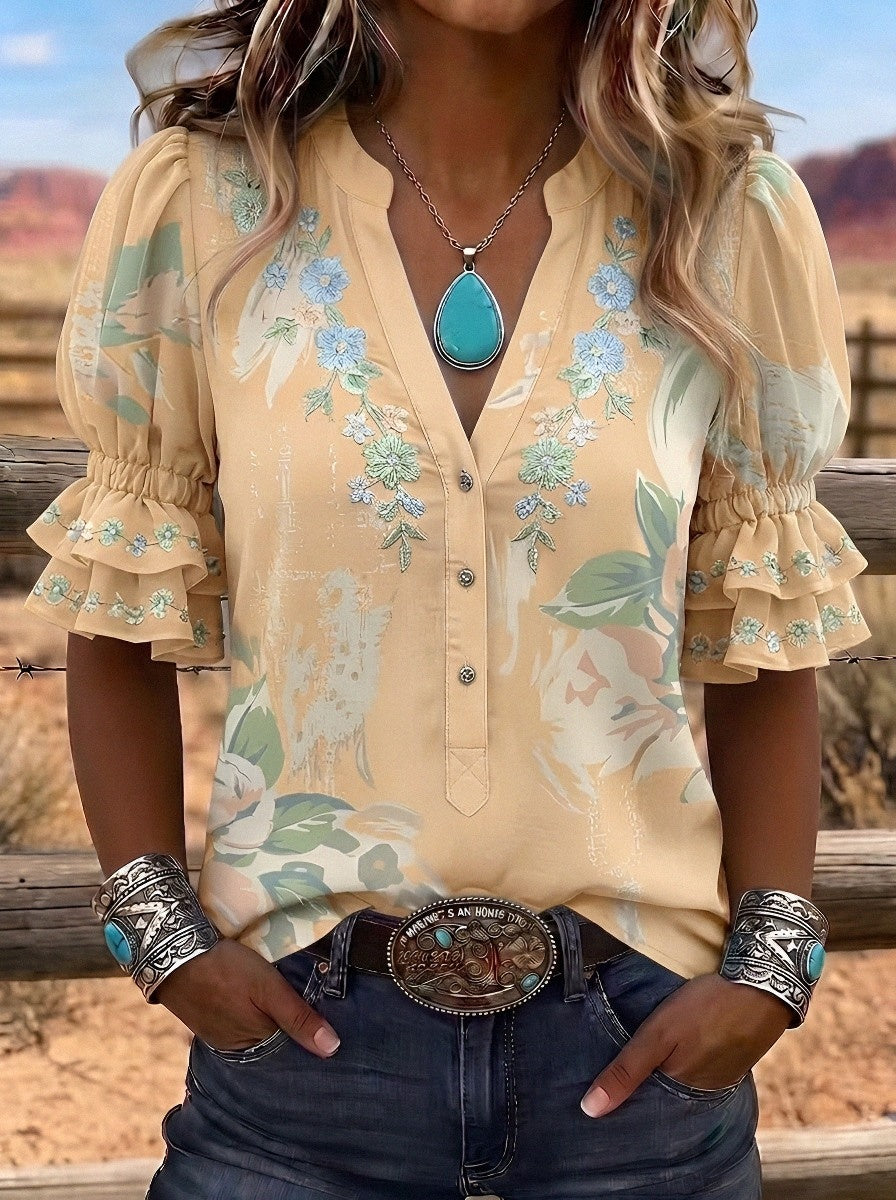 Women's Western Vintage Floral Embroidered Printed Blouse