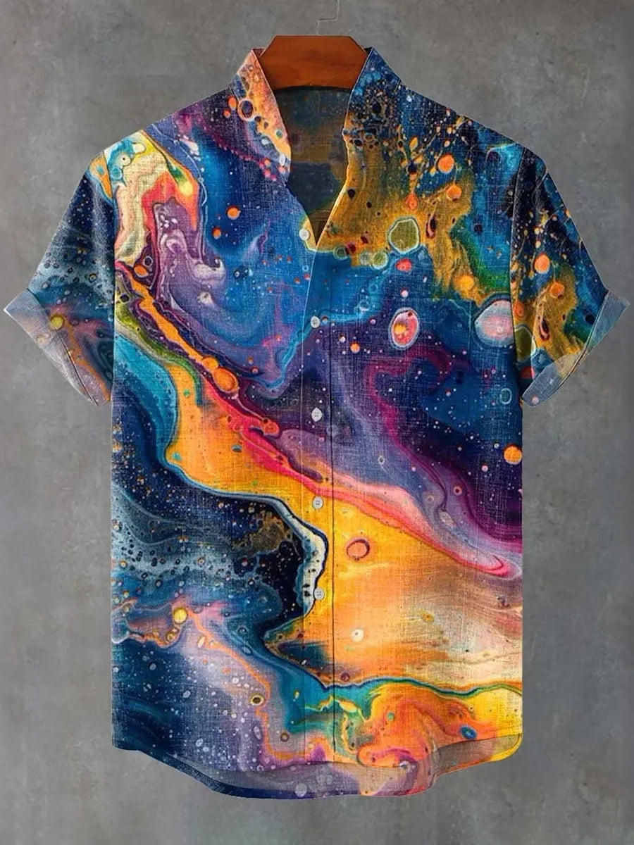 Men's Vintage Cosmic Painting Color Abstract Art Print Casual Shirt