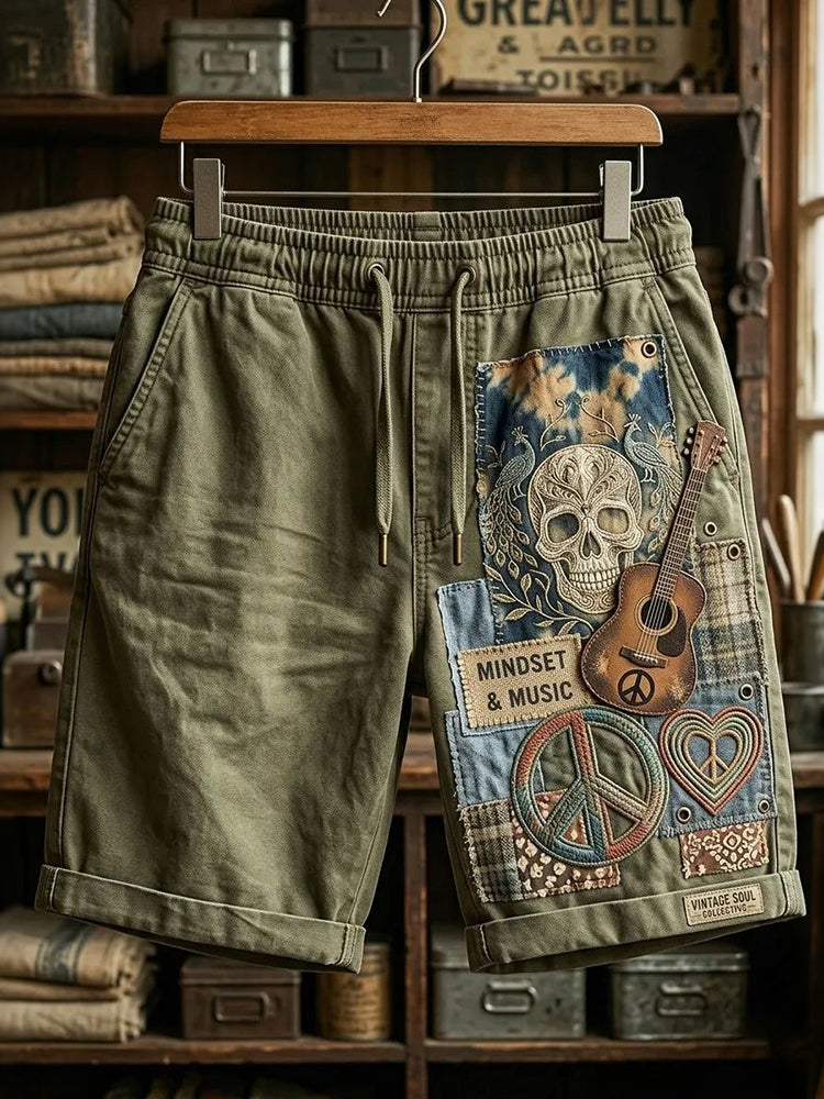 Skull Guitar Hippie Print Casual Shorts