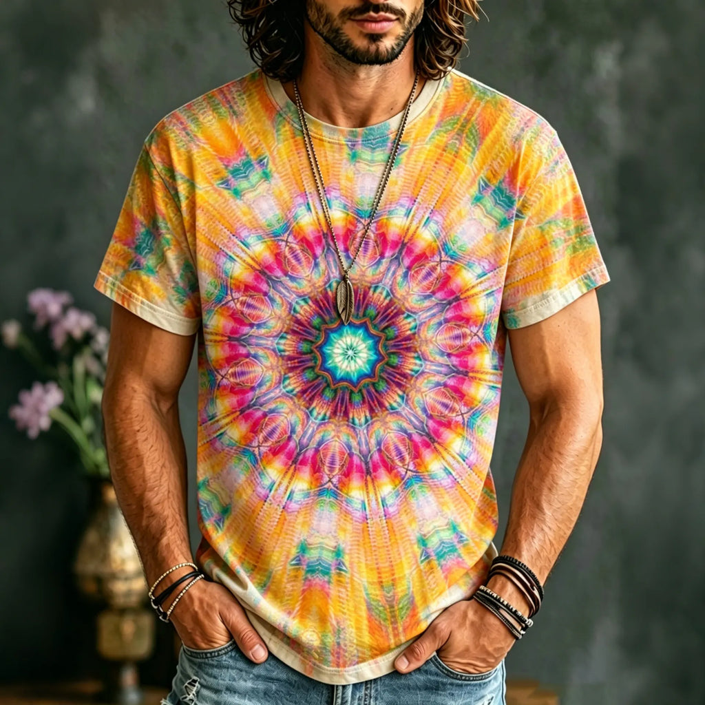 Men's Retro Hippie Tie-dye Cotton Linen Short-sleeve T-shirt
