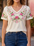 Women's Breast Cancer Awareness Floral Art V-Neck Short-Sleeve T-Shirt