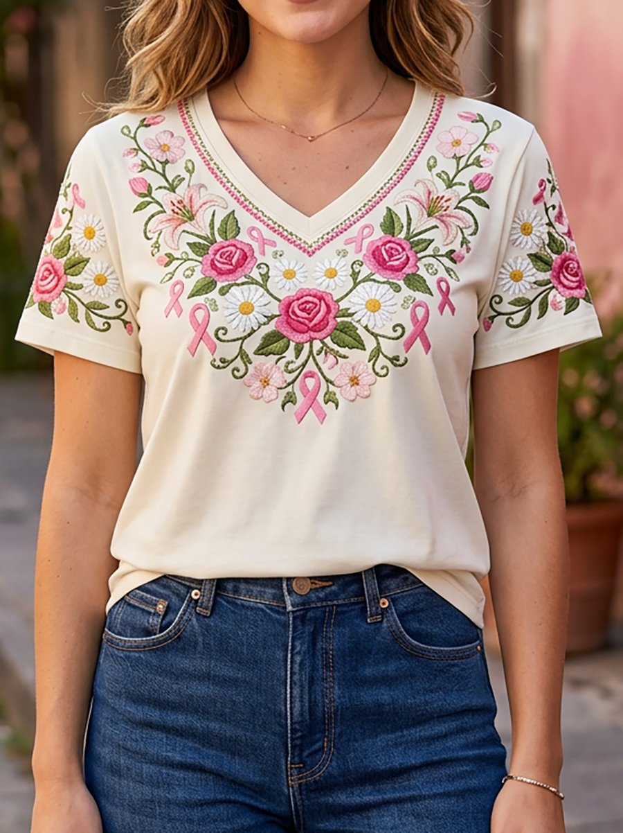 Women's Breast Cancer Awareness Floral Art V-Neck Short-Sleeve T-Shirt