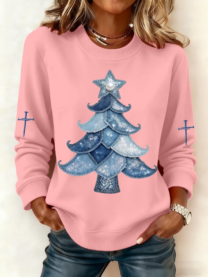 Women's Casual Denim Christmas Tree Print Sweatshirt