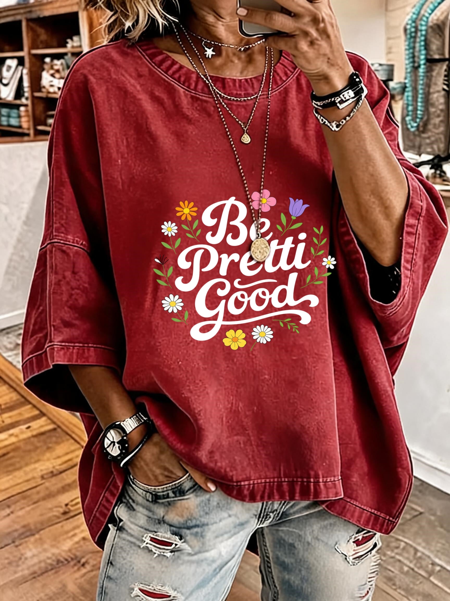 Women'S Vintage Distressed Washed Be Pretti Good Oversized T-Shirt