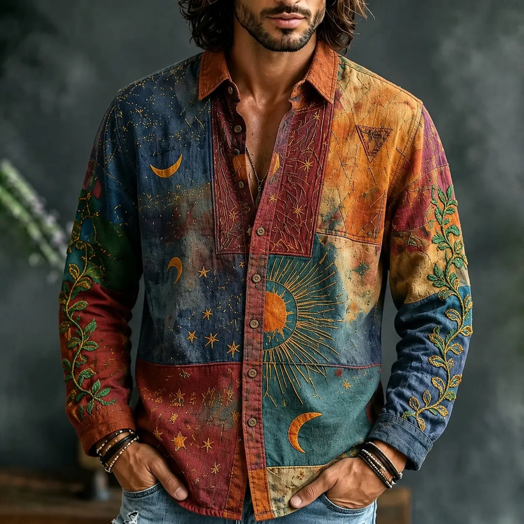 Men's Boho Patchwork Sun Moon Star Print Long Sleeve Shirt