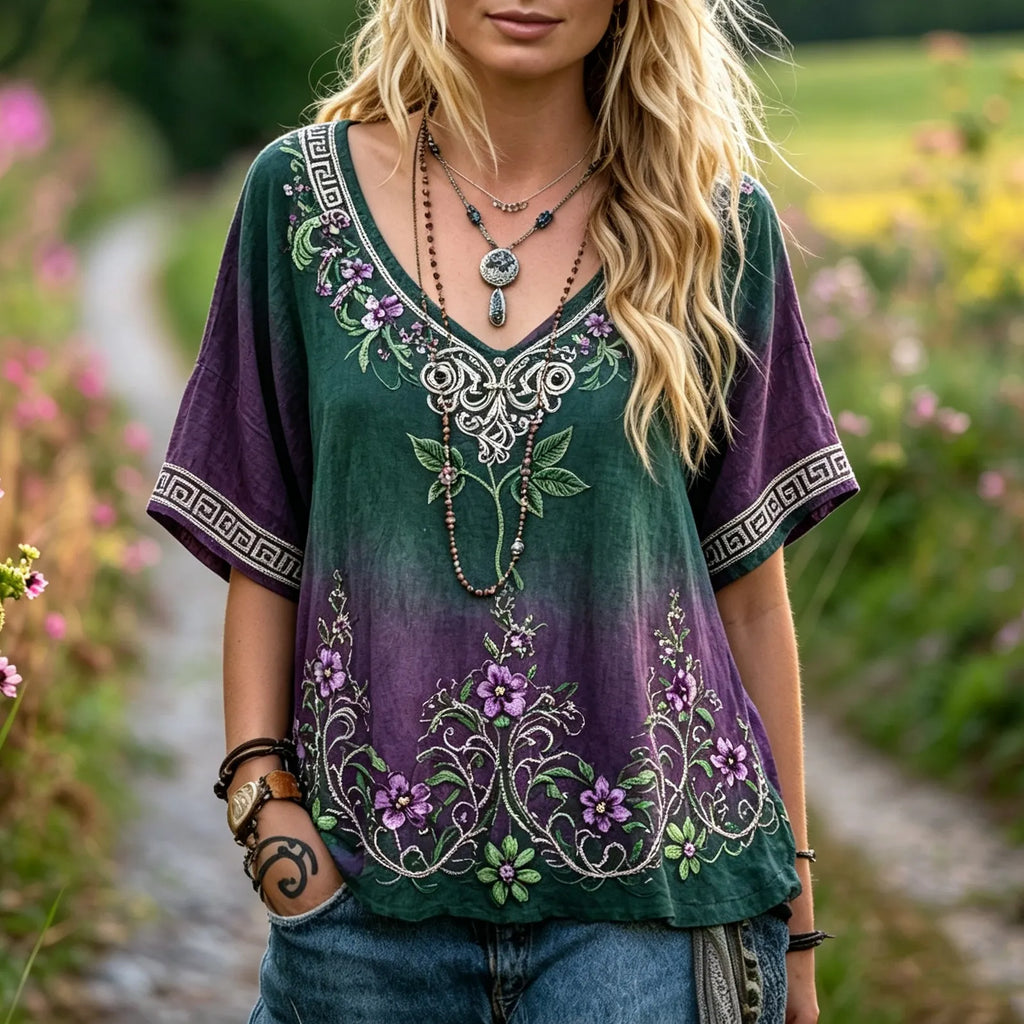 Women's Floral And Leaf Print Gradient Loose V-neck Short-sleeve T-shirt