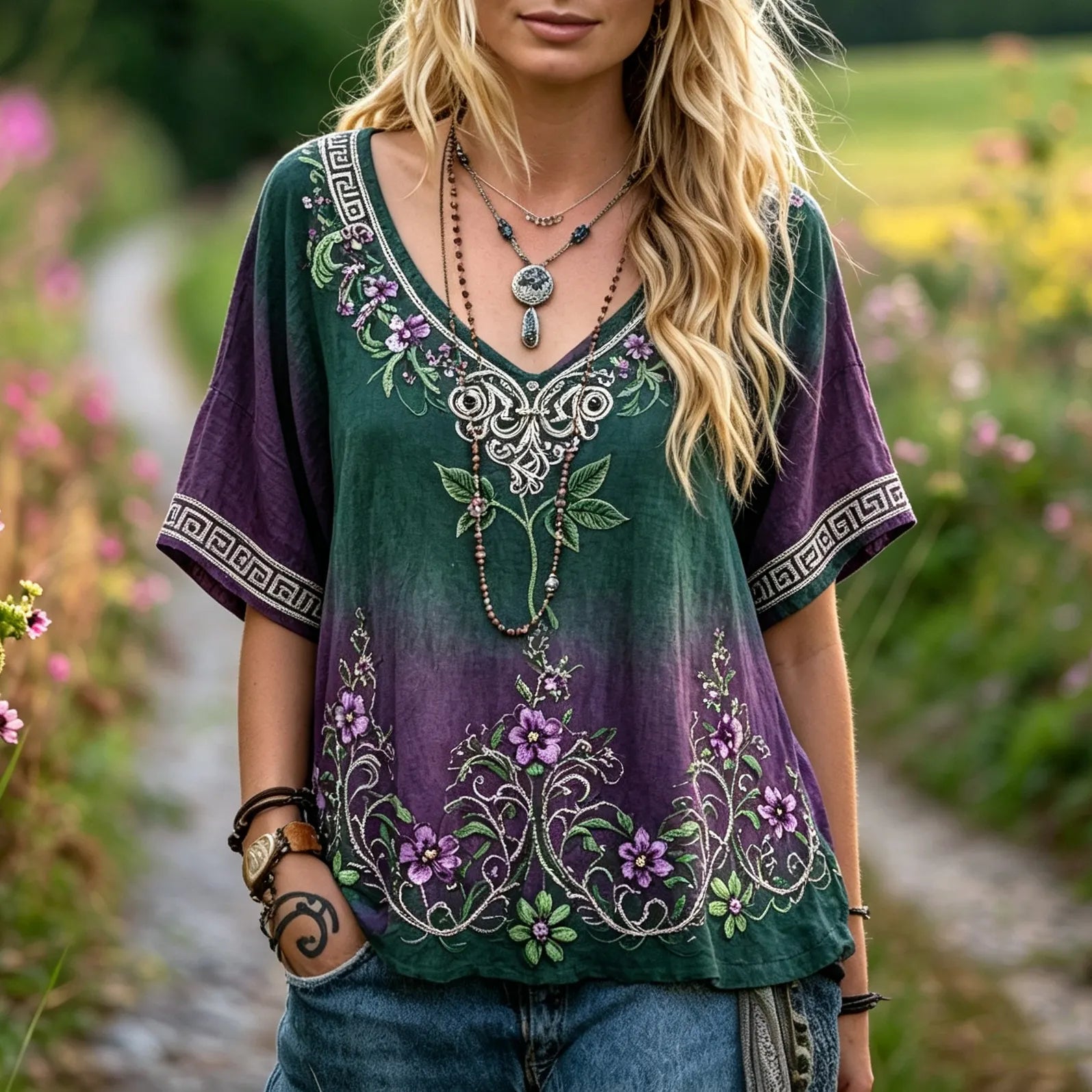Women's Floral And Leaf Print Gradient Loose V-neck Short-sleeve T-shirt