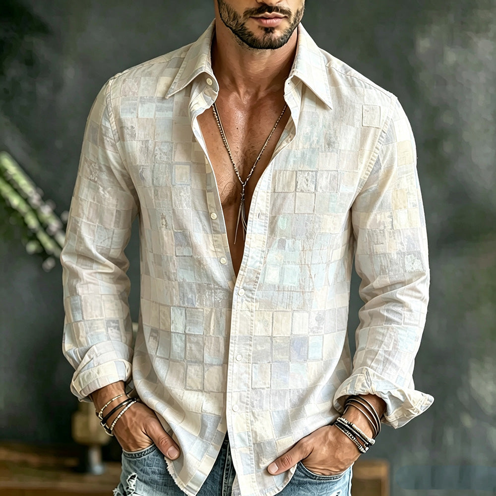 Men's Hippie Color Block Art Patchwork Print Casual Long Sleeve Linen Shirt