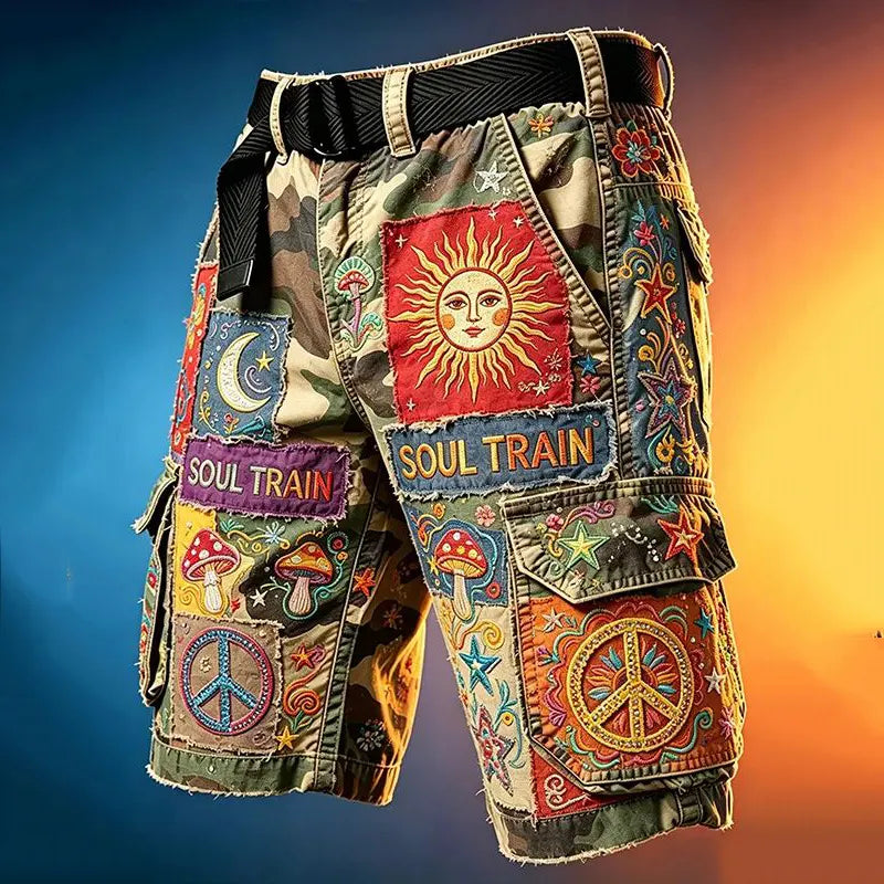 Men's Retro Ethnic Hippie Style Sun And Moon Color Block Shorts