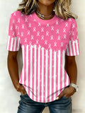 Women'S Pink Stripe Art Breast Cancer Awareness Print T-Shirt