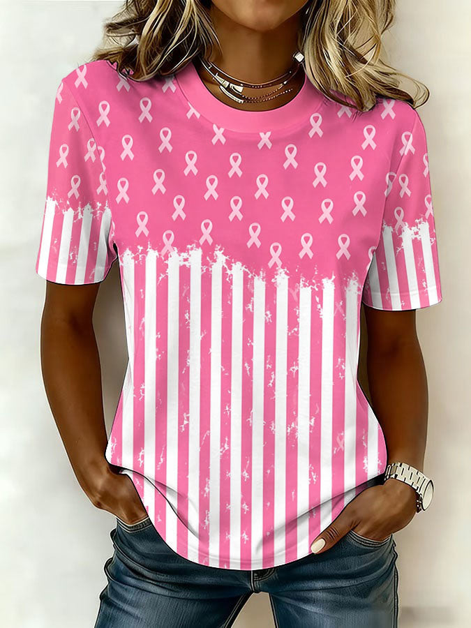 Women'S Pink Stripe Art Breast Cancer Awareness Print T-Shirt