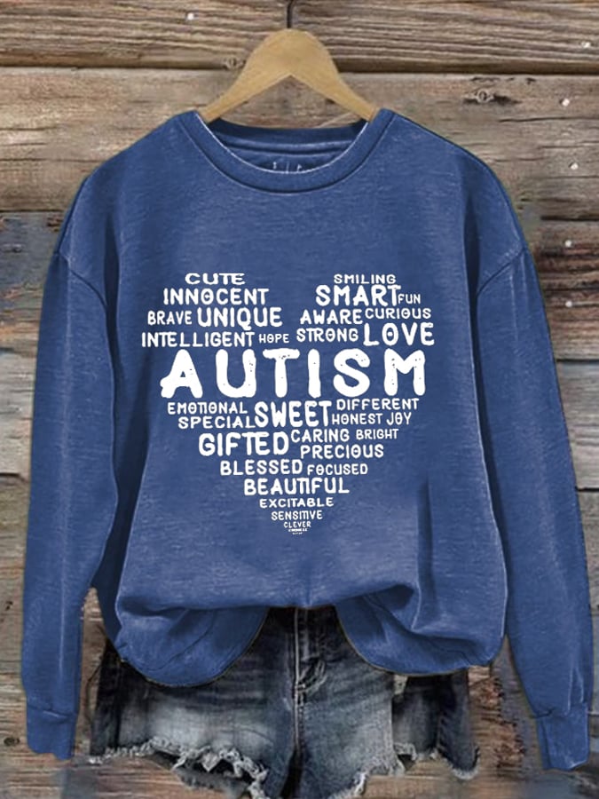 Women's Heart Love Sweet Smart Honest Autism Awareness Print Long Sleeve Sweatshirt