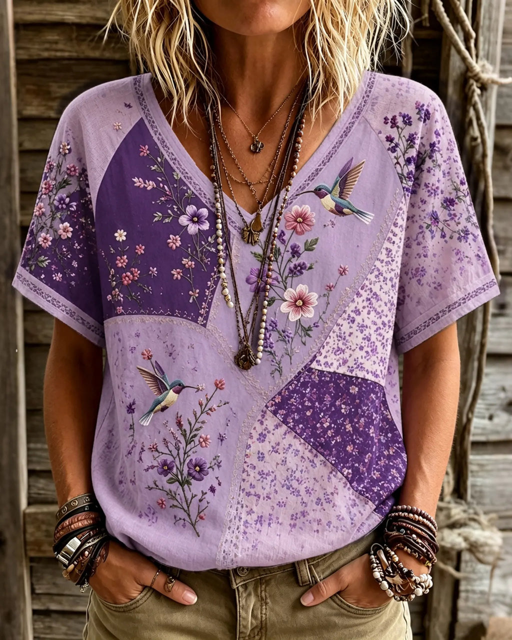 Women's Retro Floral And Bird Embroidered Short-sleeve T-shirt