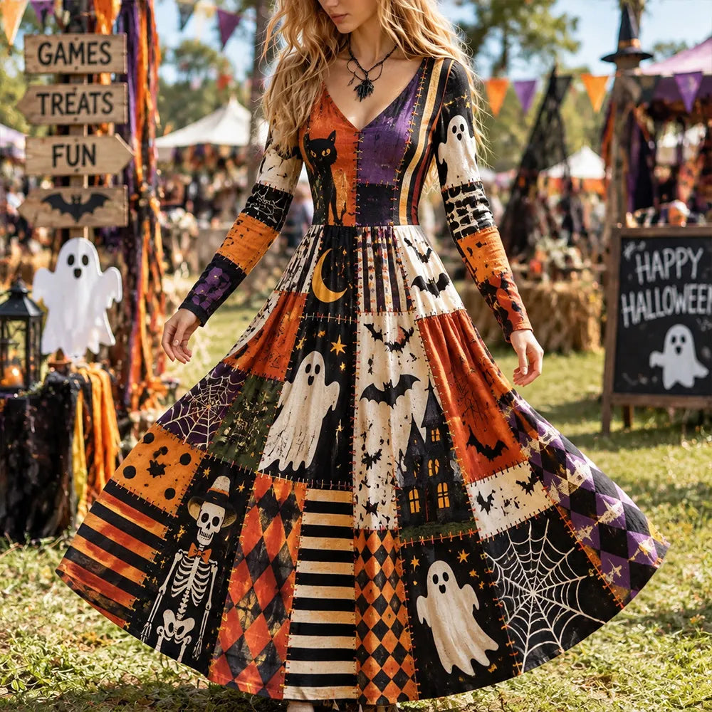 Women's Halloween Element Print Patchwork Casual V-neck Long Sleeve Dress