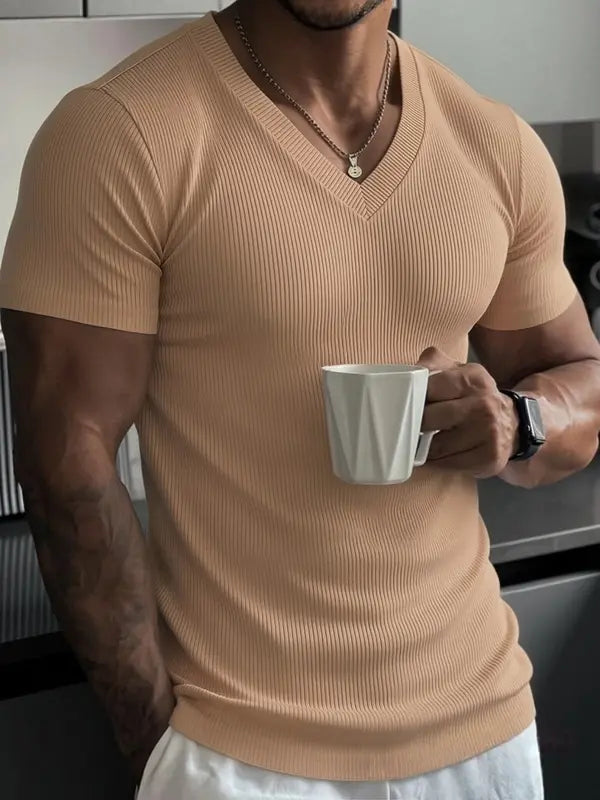 Men's summer plain-colored V-neck short-sleeved breathable fashionable streetwear