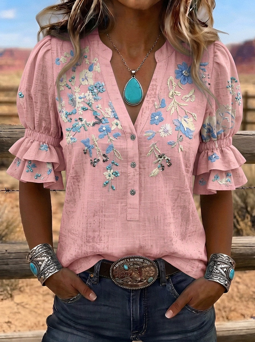 Women's Western Vintage Floral Embroidered Printed Top