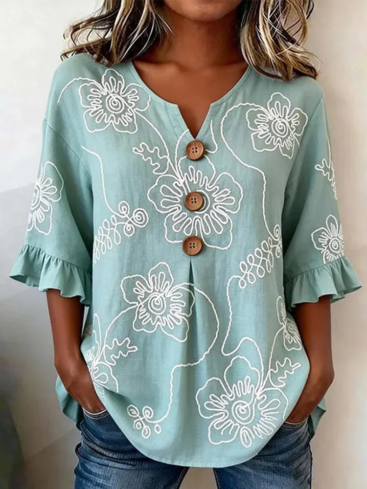 Women's Vintage Floral Print Short Sleeved Shirt