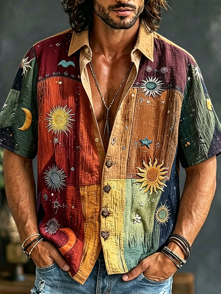 Men's Hippie Patchwork Moon Sun Art Print Shirt