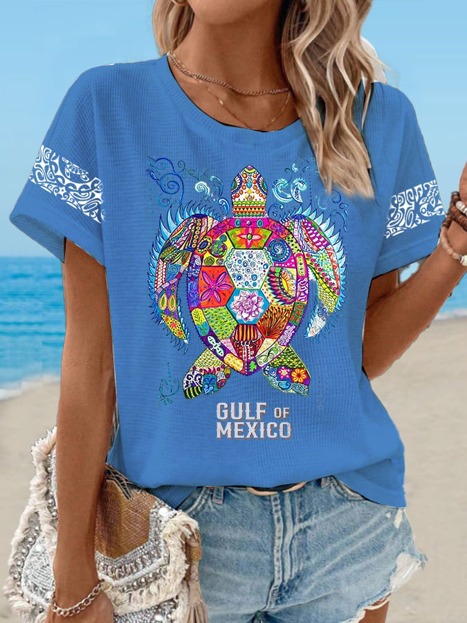 Women's Waffle Mexican Turtle Print T-Shirt