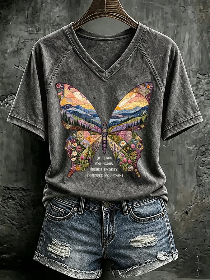 V Neck Retro Butterfly He Leads You Home Beside Smokey Tennessee Mountains Print T-Shirt