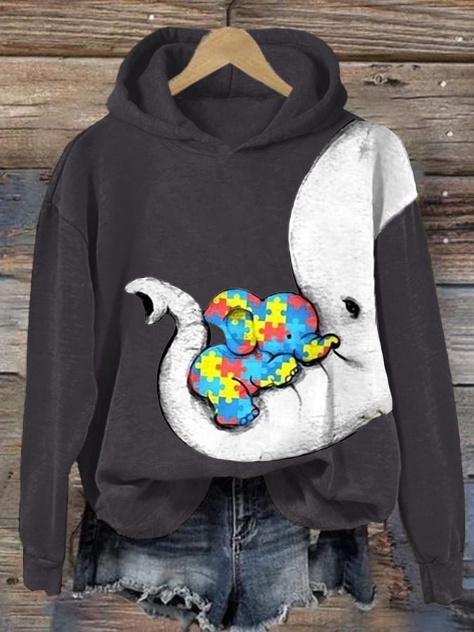 Women'S Autism Elephant And Baby Elephant Print Long Sleeve Sweatshirt