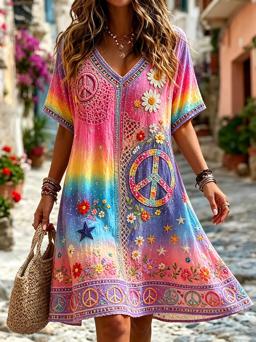Women's Hippie Floral Peace Pattern Casual Cotton Linen Dress