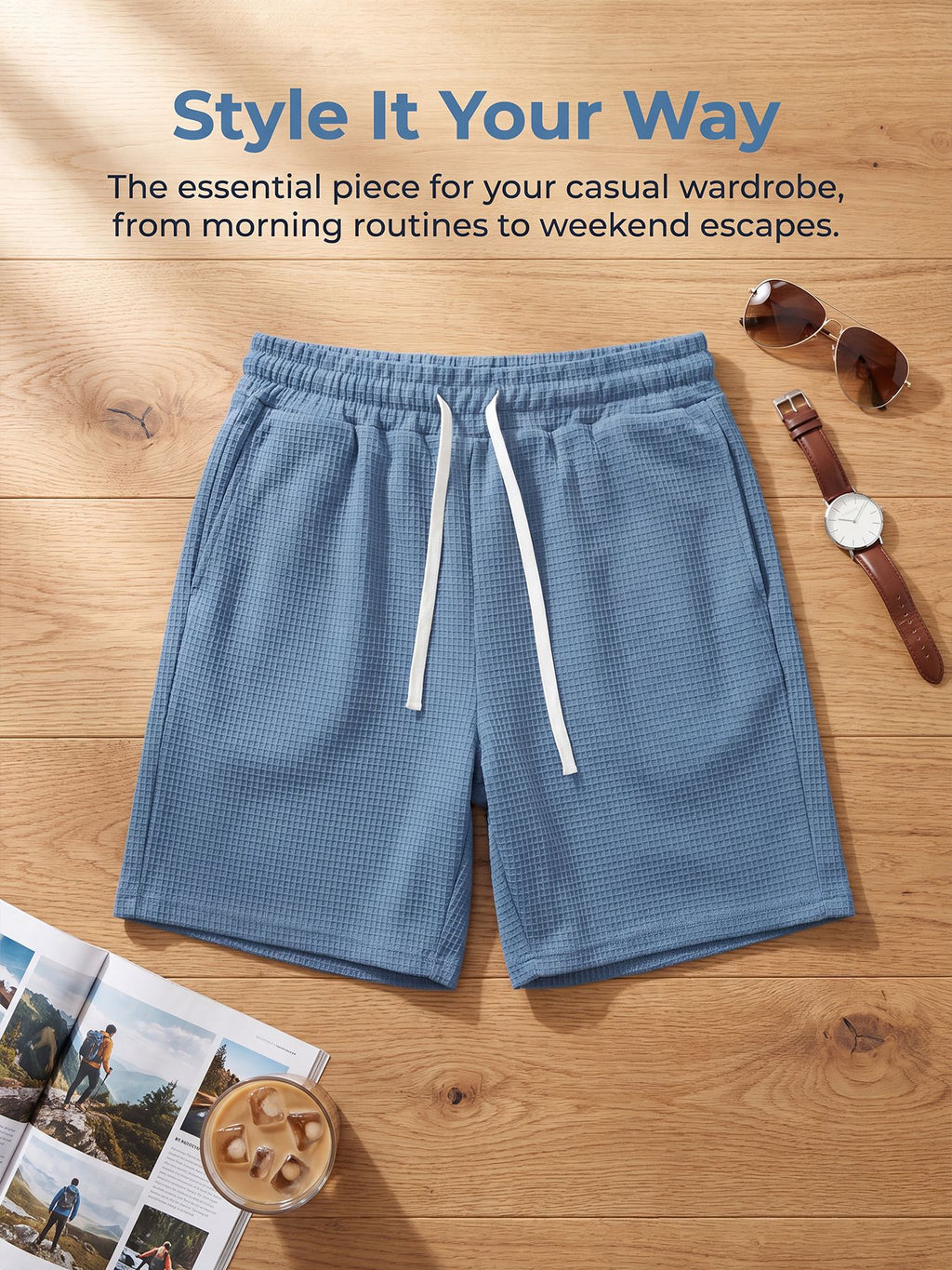 Men's Casual Solid-Color Waffle-Knit Drawstring Shorts with Pockets