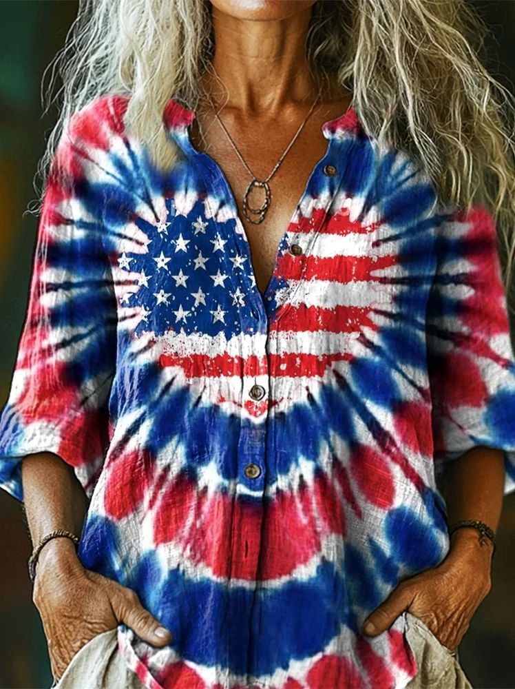 Women'S Independence Day Tie-Dye Love American Flag Print Cotton Stand Collar Three-Quarter Sleeve Shirt
