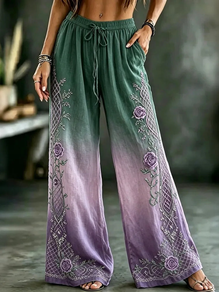 Women's Vintage Boho Floral Celtic Knot Gradient Art Print Flowy Linen Blend Casual Pants
