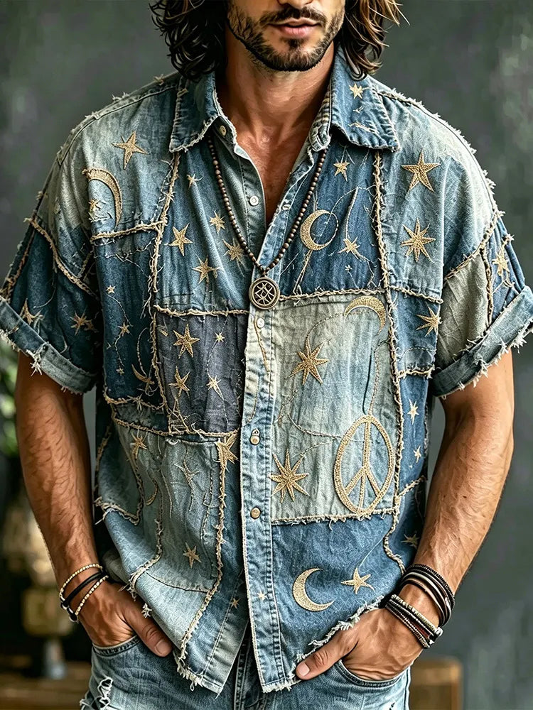 Men's Vintage Hippie Patchwork Denim Short Sleeve Shirt