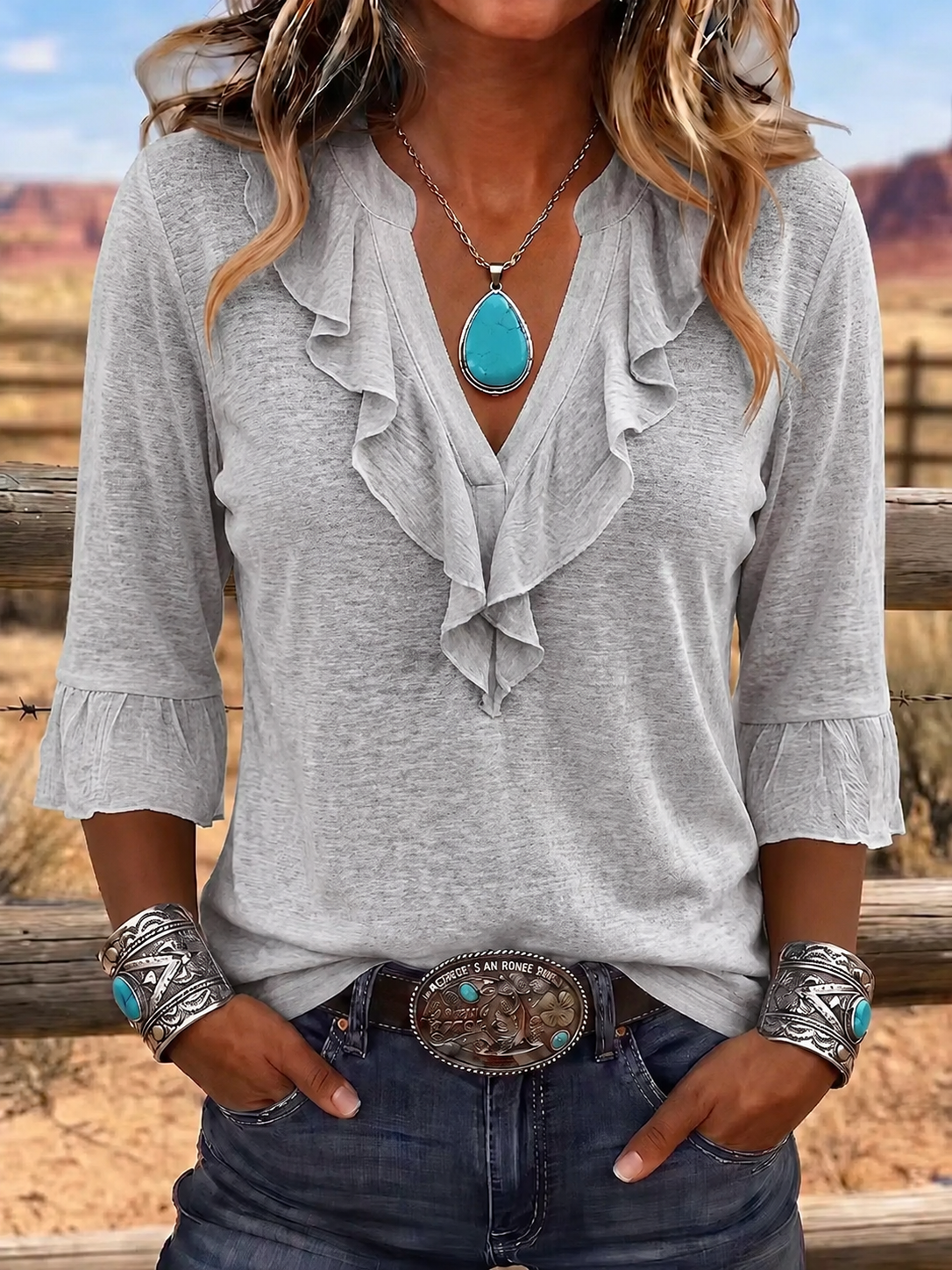 Women'S Casual Western Style V-Neck Ruffled Cotton And Linen Top