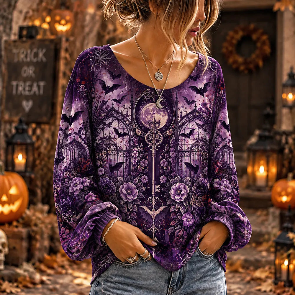 Women's Halloween Purple Gothic Key, Moon, Bats & Flowers Graphic Long-sleeve Top