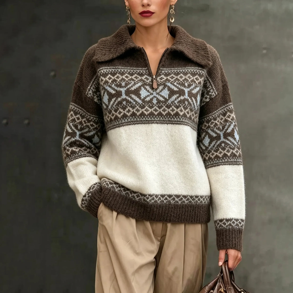 Fair Isle Collar Vintage Zipper Long-sleeve Jacquard Sweater
