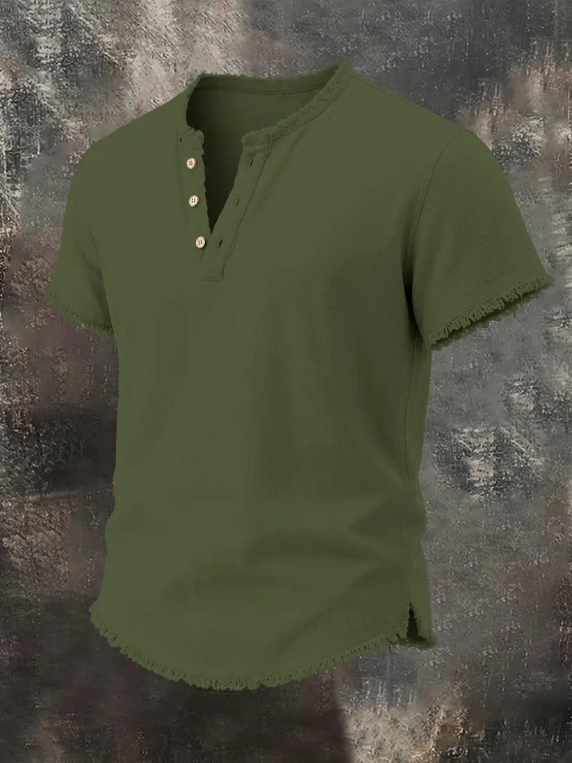 Men's Raw-Edge Cotton-Linen Henley Top