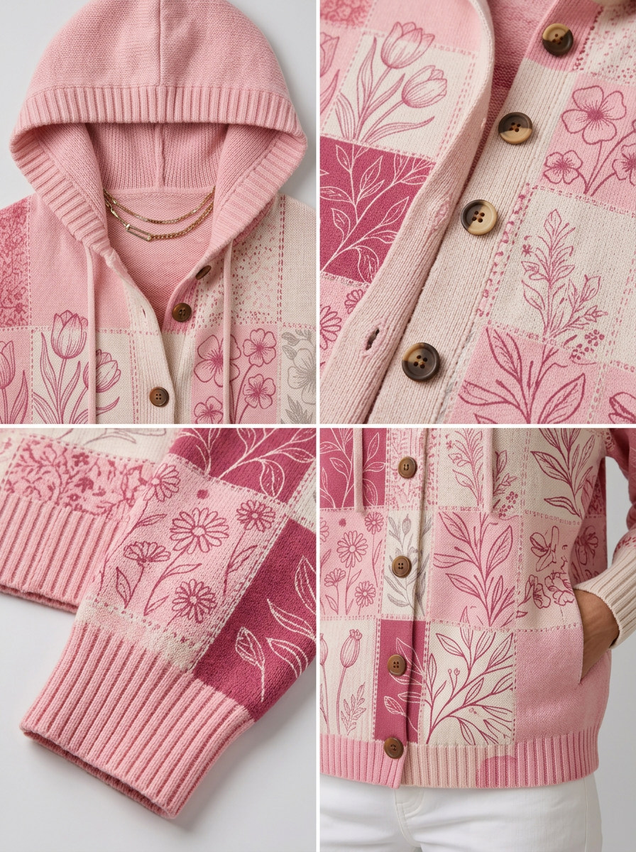Women's Breast Cancer Awareness Pink Floral Patchwork Printed Cardigan