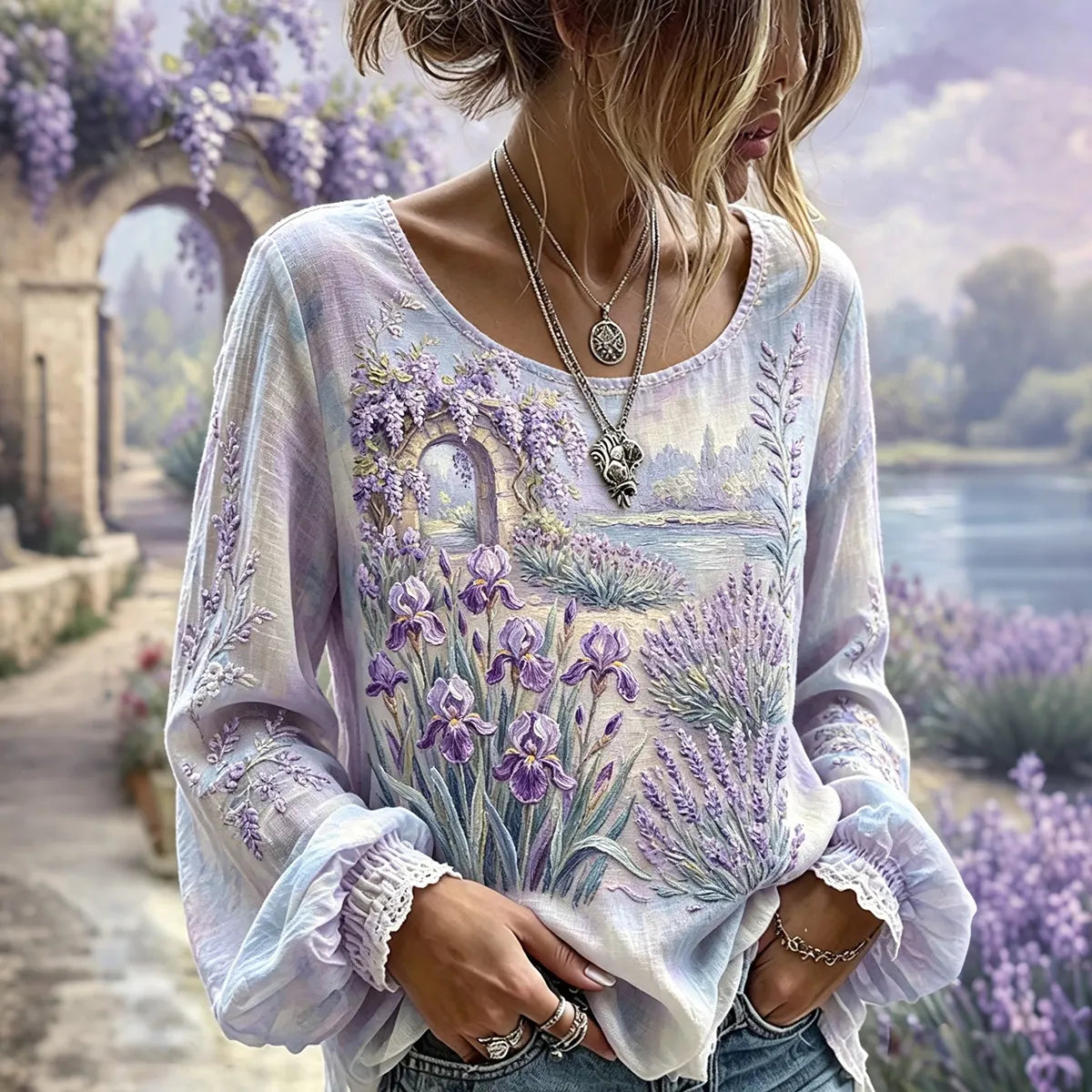 Women's Retro Lavender Print Long-sleeve Round Neck Cotton Linen T-shirt