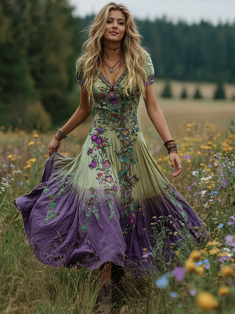 Vintage Purple Floral Embroidery Linen Short Sleeve Dress