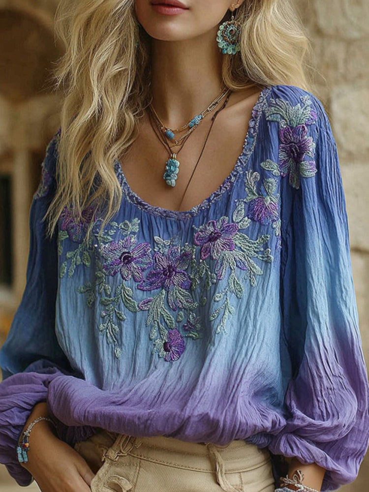 Women's Retro Gradient Floral Embroidery Casual Cotton Linen Crew Neck T-shirt