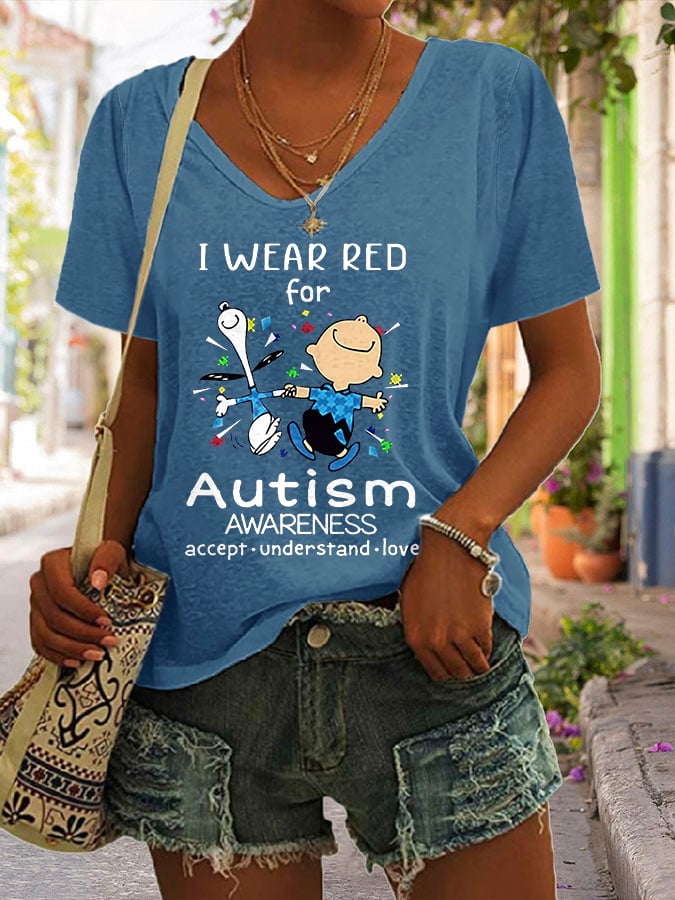 V-neck Autism Awareness I Wear Red For Autism Print T-Shirt