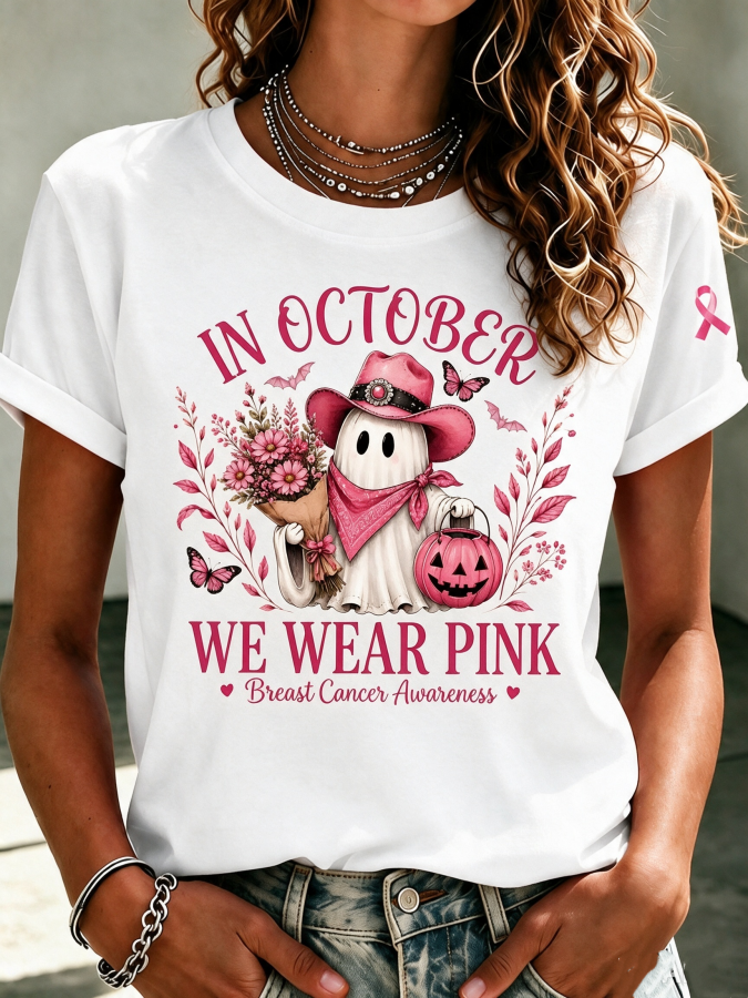 Women'S In October We Wear Pink Printed Casual T-Shirt