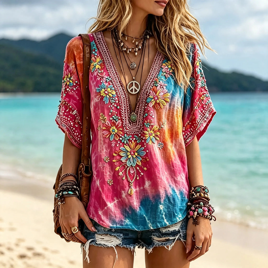 Women's Vintage Hippie Floral Art Linen Blend Short Sleeve Tops