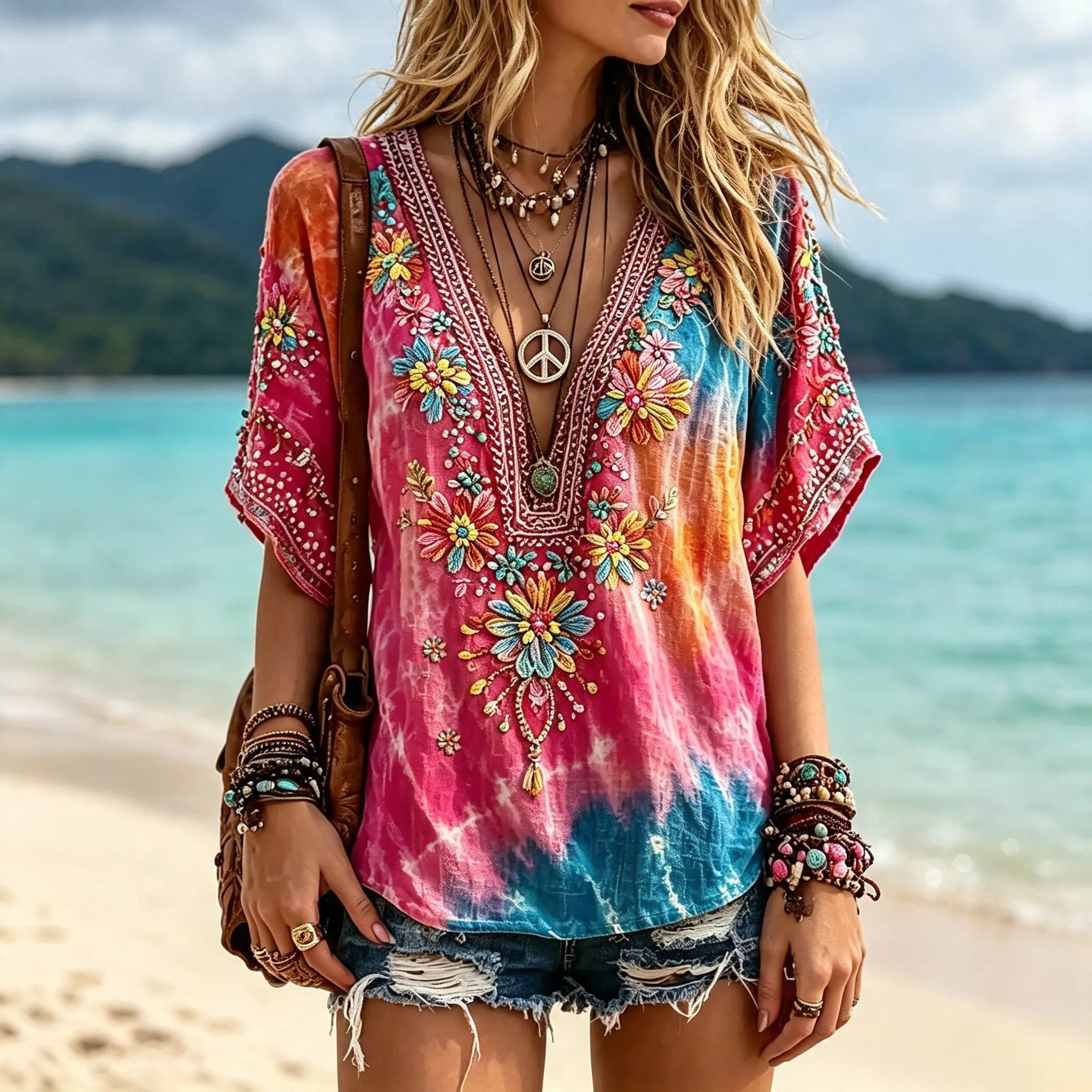 Women's Vintage Hippie Floral Art Linen Blend Short Sleeve Tops