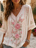 Women's Casual Retro Floral-Print Breast Cancer Awareness T-Shirt