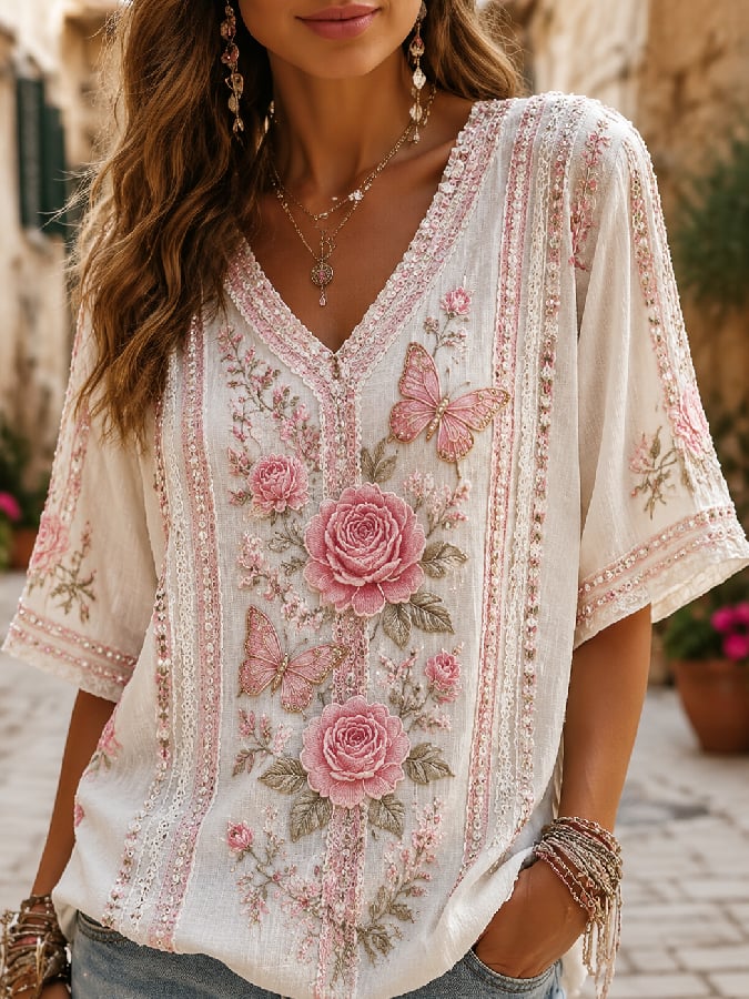 Women's Casual Retro Floral-Print Breast Cancer Awareness T-Shirt