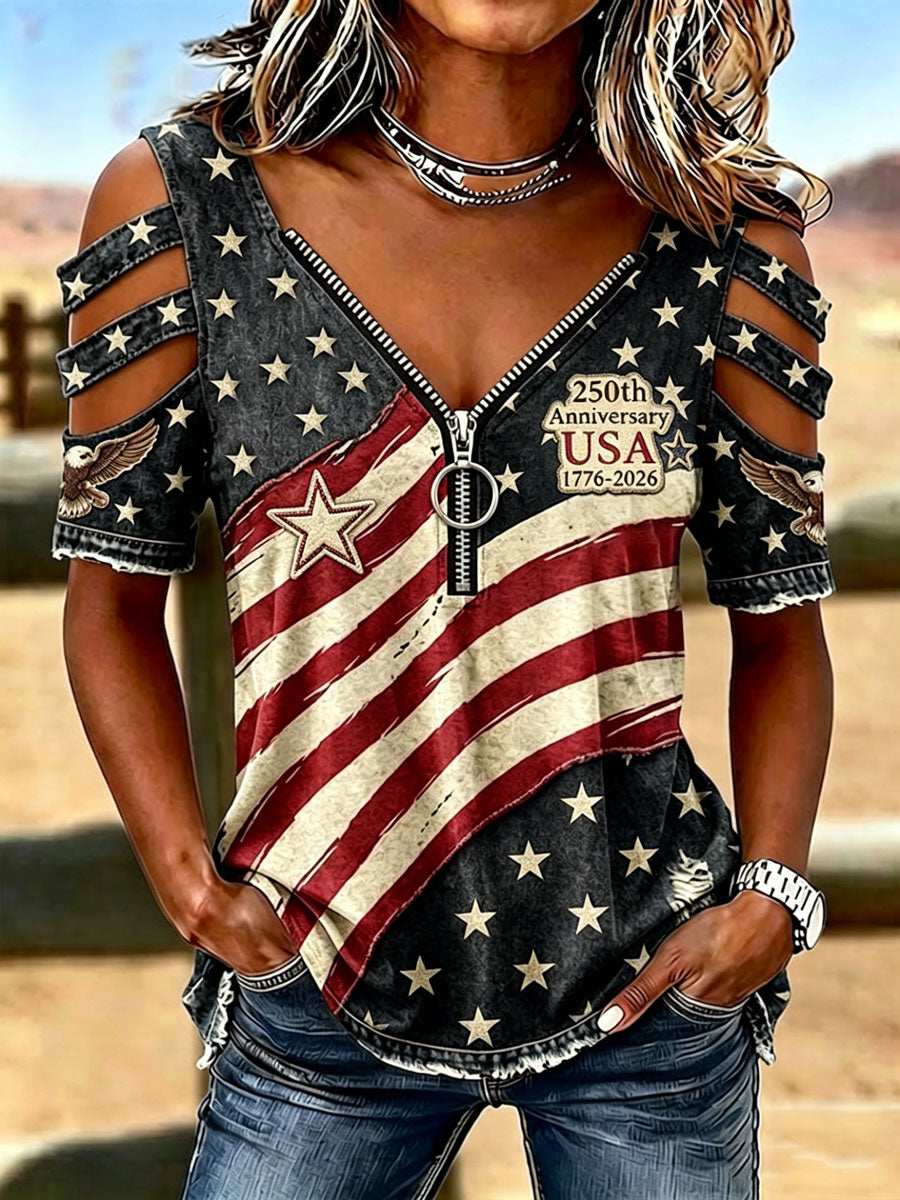 Female Casual Hollowed Out Patriotic T-Shirt