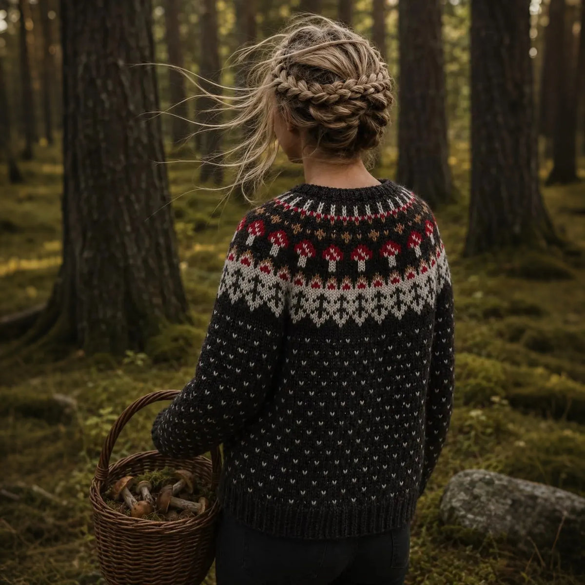 Women's Vintage Forest & Mushroom Motif Print Knitted Comfort Round Neck Sweater