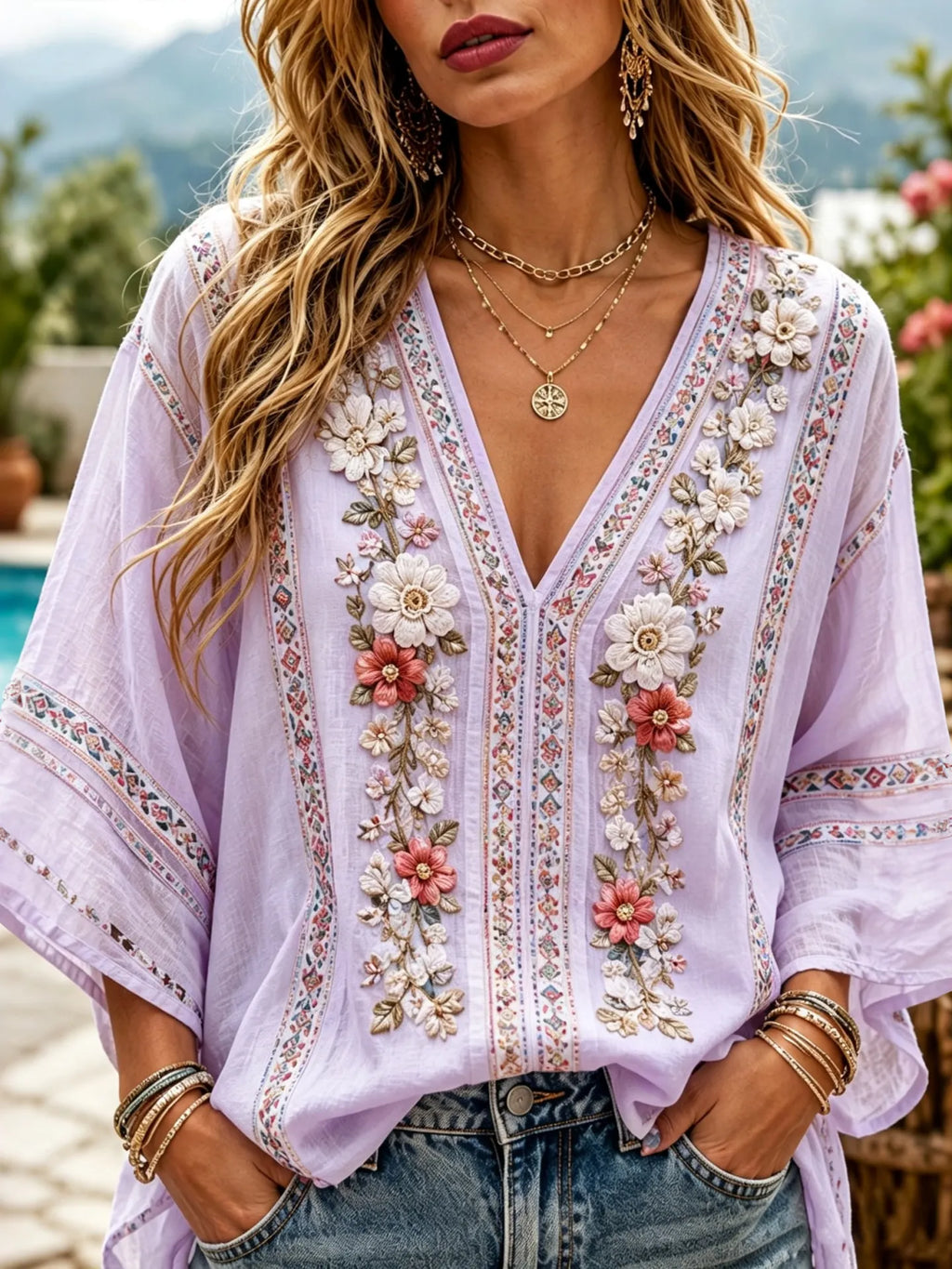 Women's Bohemian Resort Floral Lace Print V-neck Cotton Linen Top